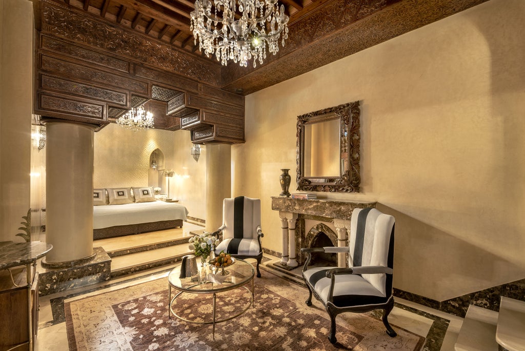 Ornate Moroccan riad courtyard with intricate archways, traditional tilework, and a tranquil swimming pool surrounded by palm trees and loungers