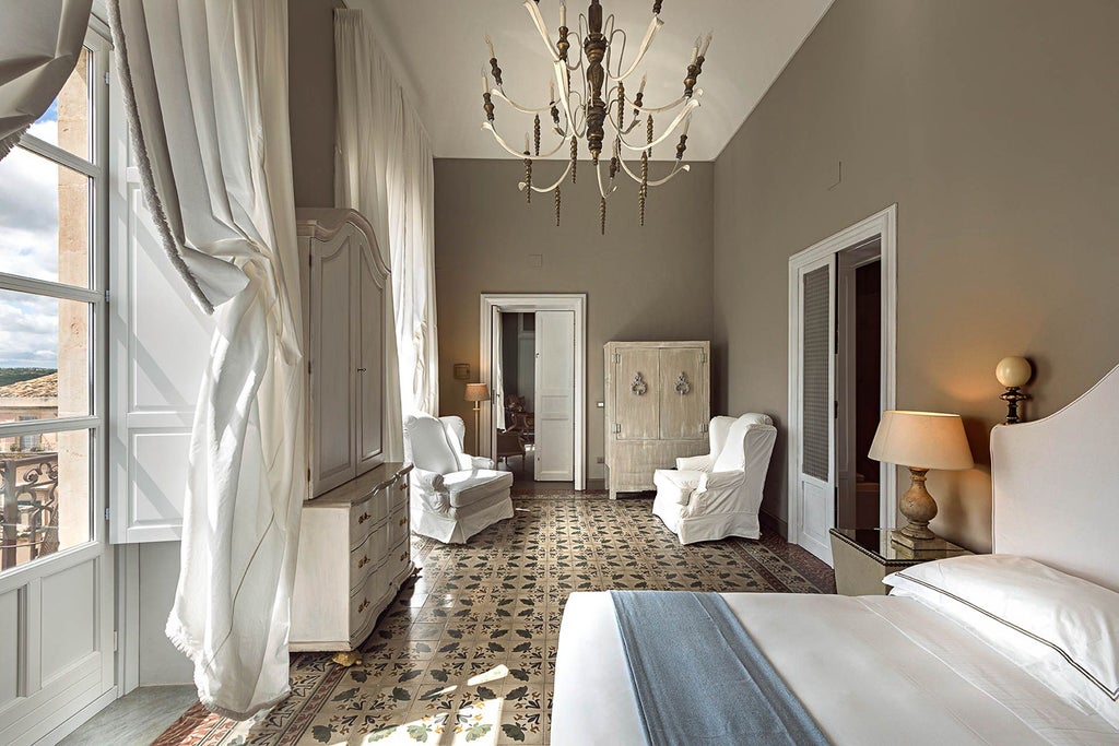 Elegant junior suite with pristine white linens, arched windows overlooking Sicilian landscape, rich wooden floors, and minimalist luxury decor