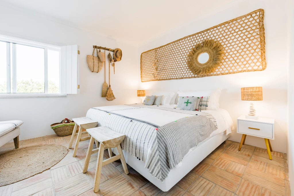 Spacious family apartment with elegant wood-paneled walls, cozy seating area, and warm lighting in a charming Portuguese countryside setting