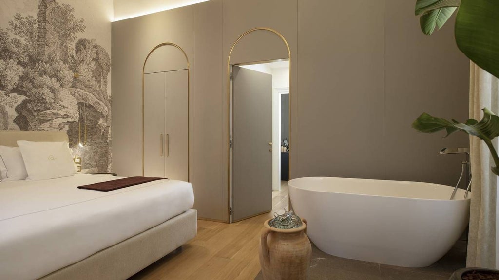 Elegant spa suite with minimalist design, featuring plush white bed, marble bathroom, and soft ambient lighting in a luxurious Italian hotel room