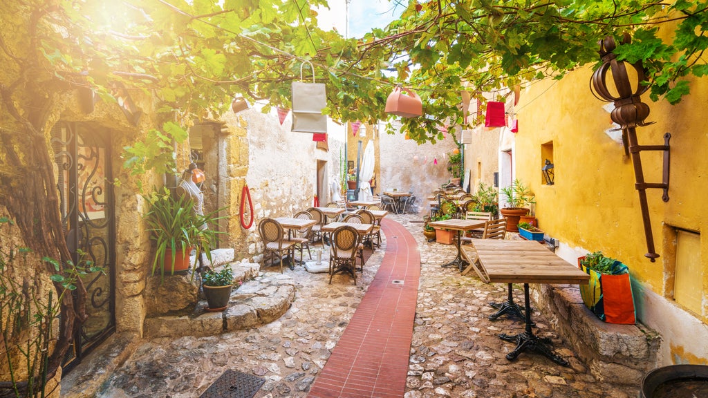 Sunlit stone village perched on hillside in Luberon Valley, with rustic buildings, cobblestone streets and blooming lavender fields below