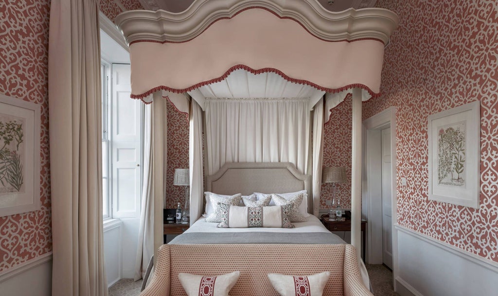 Elegant master suite in historic Royal Crescent Hotel, featuring plush bedding, refined decor, and expansive windows overlooking Bath's architectural heritage