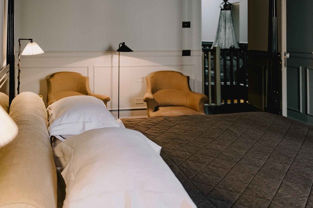 Elegant white-walled superior hotel room with plush king bed, modern wooden furniture, soft neutral tones, and large window overlooking scenic Italian landscape