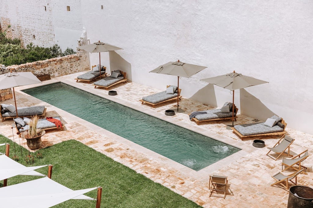 Elegant pink baroque boutique hotel nestled in Ostuni, Italy, featuring restored historic architecture with luxurious Mediterranean terrace and vibrant architectural details