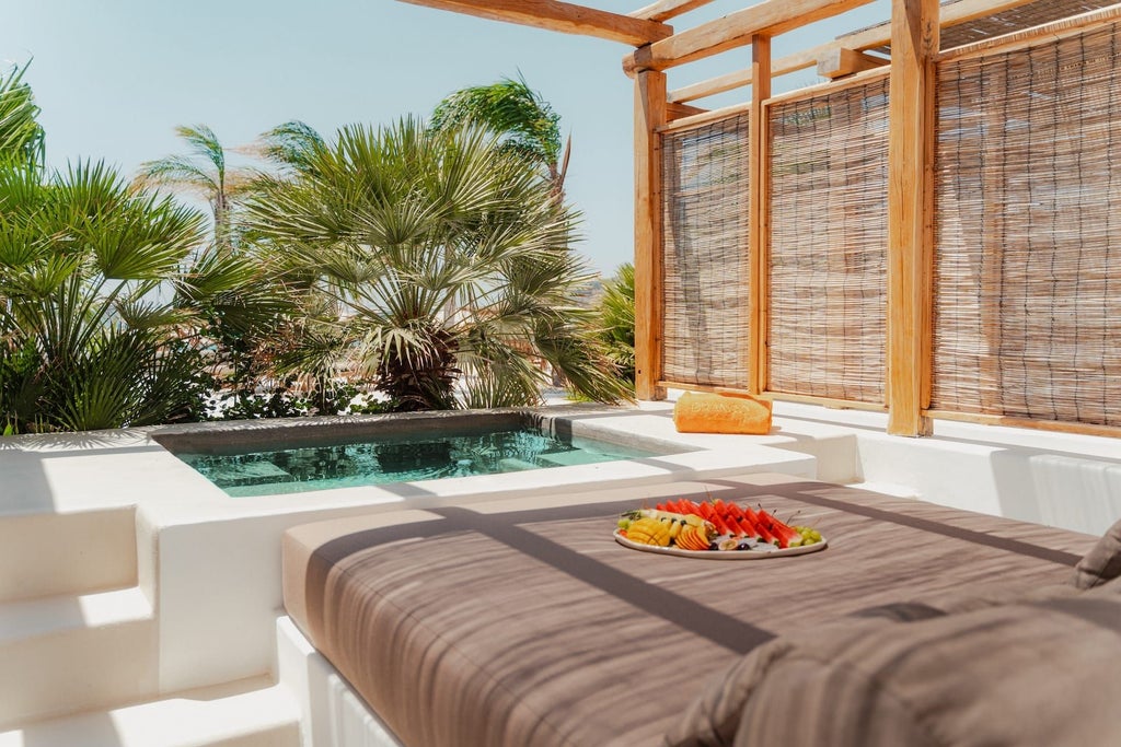 Luxurious white Jacuzzi Sea View Suite at Branco Mykonos, overlooking azure Aegean waters with minimalist Greek island design and elegant furnishings