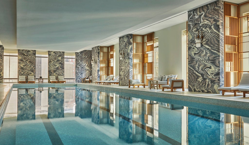 Elegant limestone tower of Four Seasons Downtown NYC with illuminated entrance canopy, reflecting modern luxury in Lower Manhattan