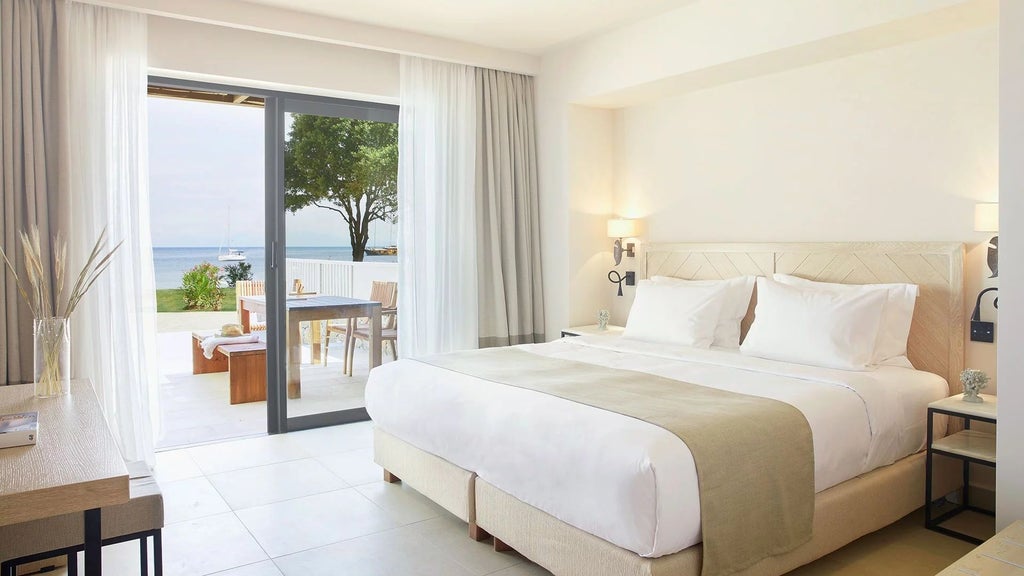 Luxurious beachfront suite at ELIVI Skiathos, featuring minimalist design, white decor, private balcony with sweeping Aegean Sea panorama, modern elegance meets Greek island charm