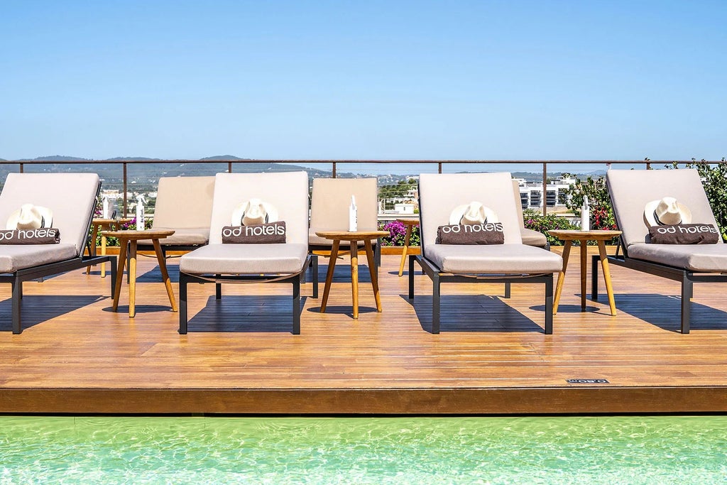 Luxurious seaside hotel with white facade, blue-tiled infinity pool overlooking Talamanca Bay, palm trees, and modern Mediterranean architecture