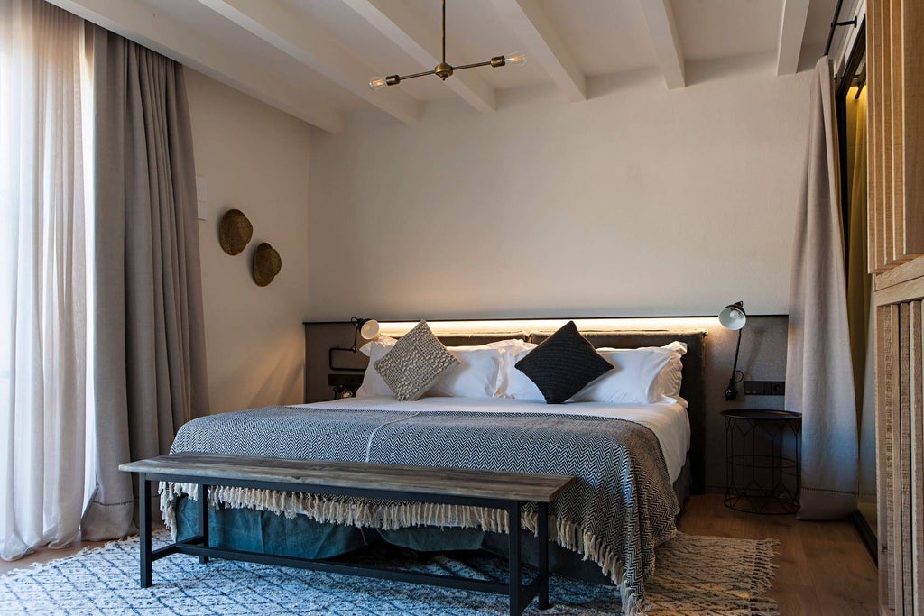 Elegant Superior room at Terra Dominicata Hotel & Winery, featuring minimalist design, warm wood tones, plush bedding, and soft natural lighting in rural Spain.