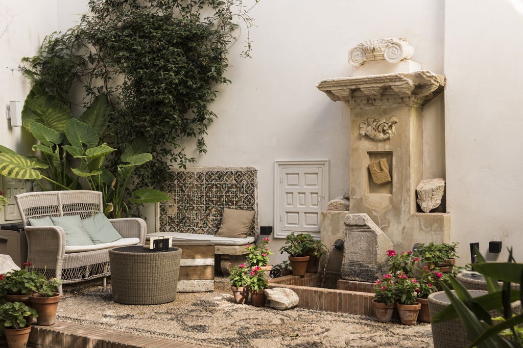 Elegant white-washed Spanish colonial courtyard with ornate archways, lush greenery, and traditional terracotta tiles at historic Hotel Balcón de Córdoba