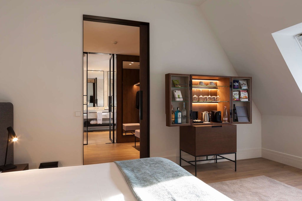 Spacious deluxe suite with contemporary design, plush king bed, modern wooden furnishings, and floor-to-ceiling windows overlooking urban Budapest skyline