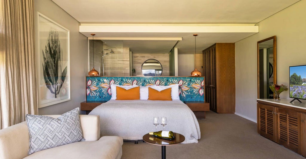 Luxurious king bedroom in Mont Rochelle vineyard hotel, featuring elegant burgundy decor, plush bedding, and panoramic South African mountain views