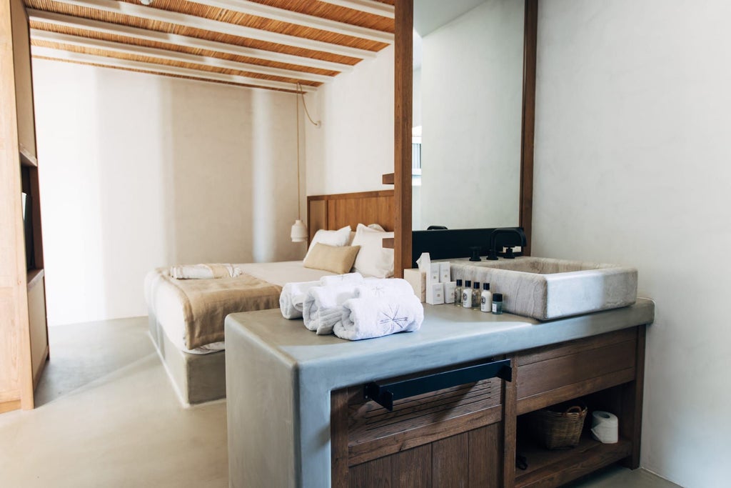 Elegant white-washed junior suite with modern minimalist design, sweeping Aegean Sea views, private balcony, and luxurious contemporary Greek island aesthetic