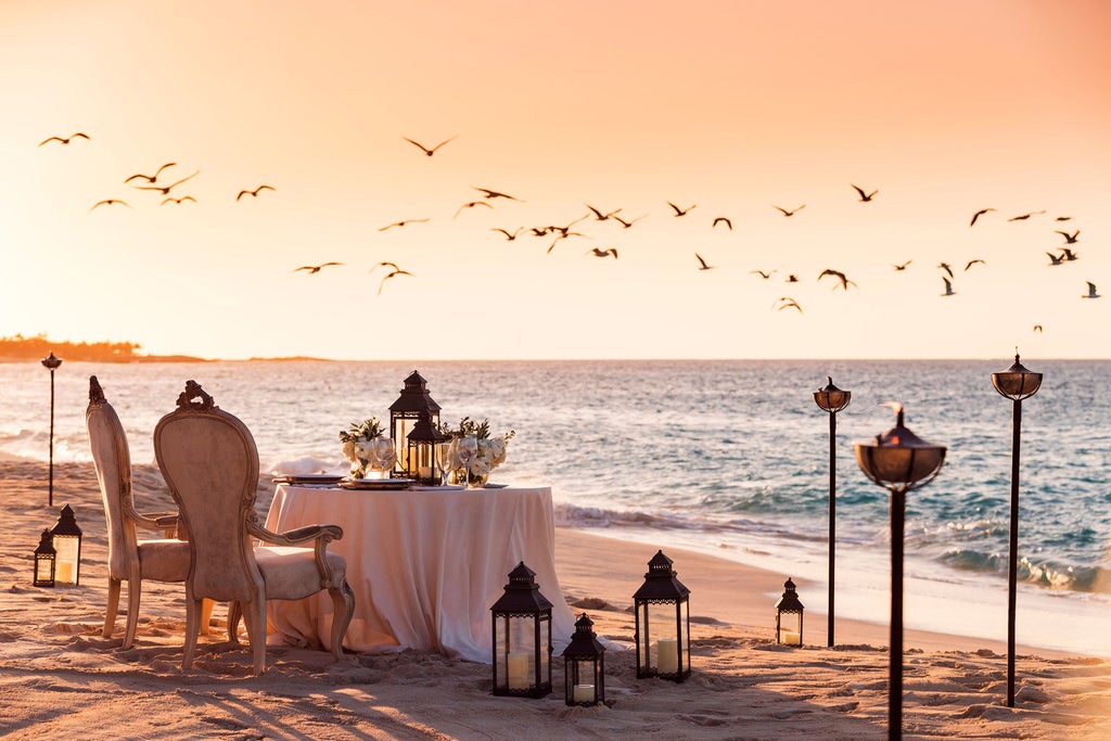 Luxurious beachfront hotel with white facade and palm-lined infinity pool overlooking turquoise Caribbean waters at sunset