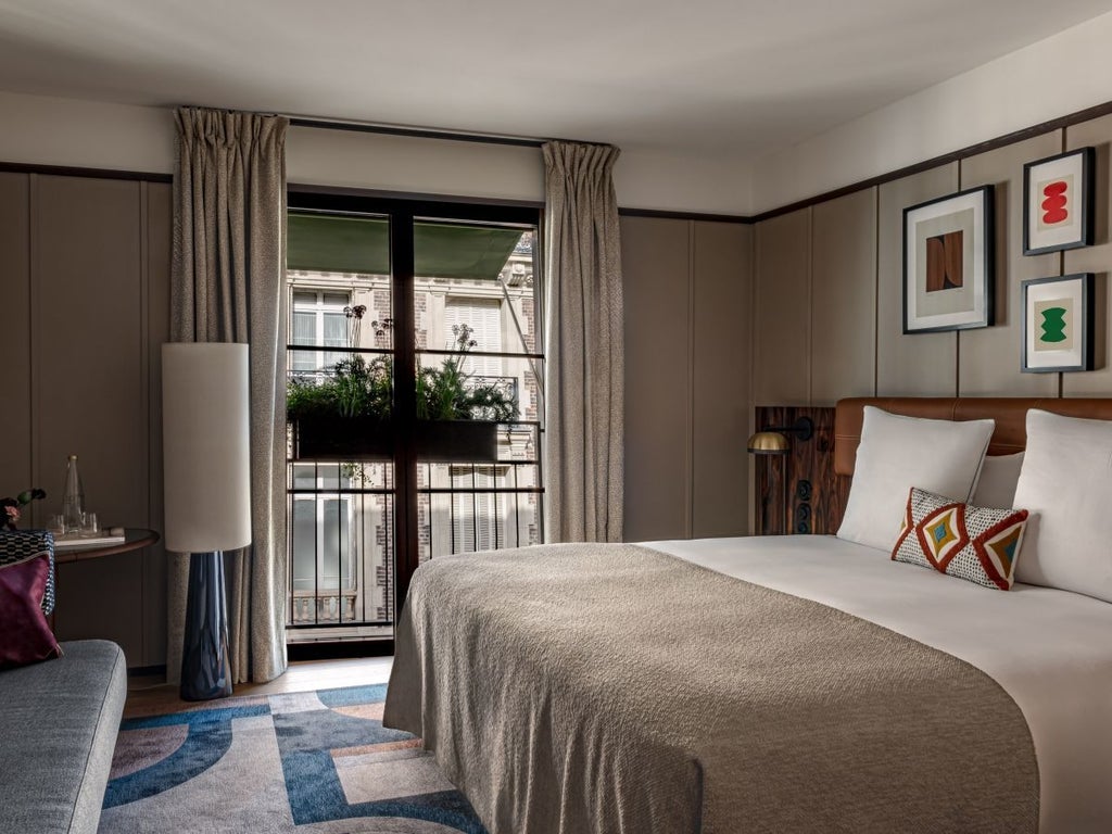 Art deco-style boutique hotel with elegant marble facade, brass accents, and manicured topiaries flanking grand entrance doors in Paris