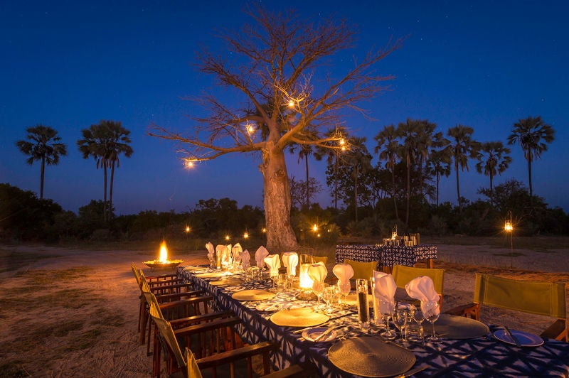 Elevated luxury safari lodge with thatched-roof villas nestled among palm trees overlooking the Okavango Delta's flooded grasslands