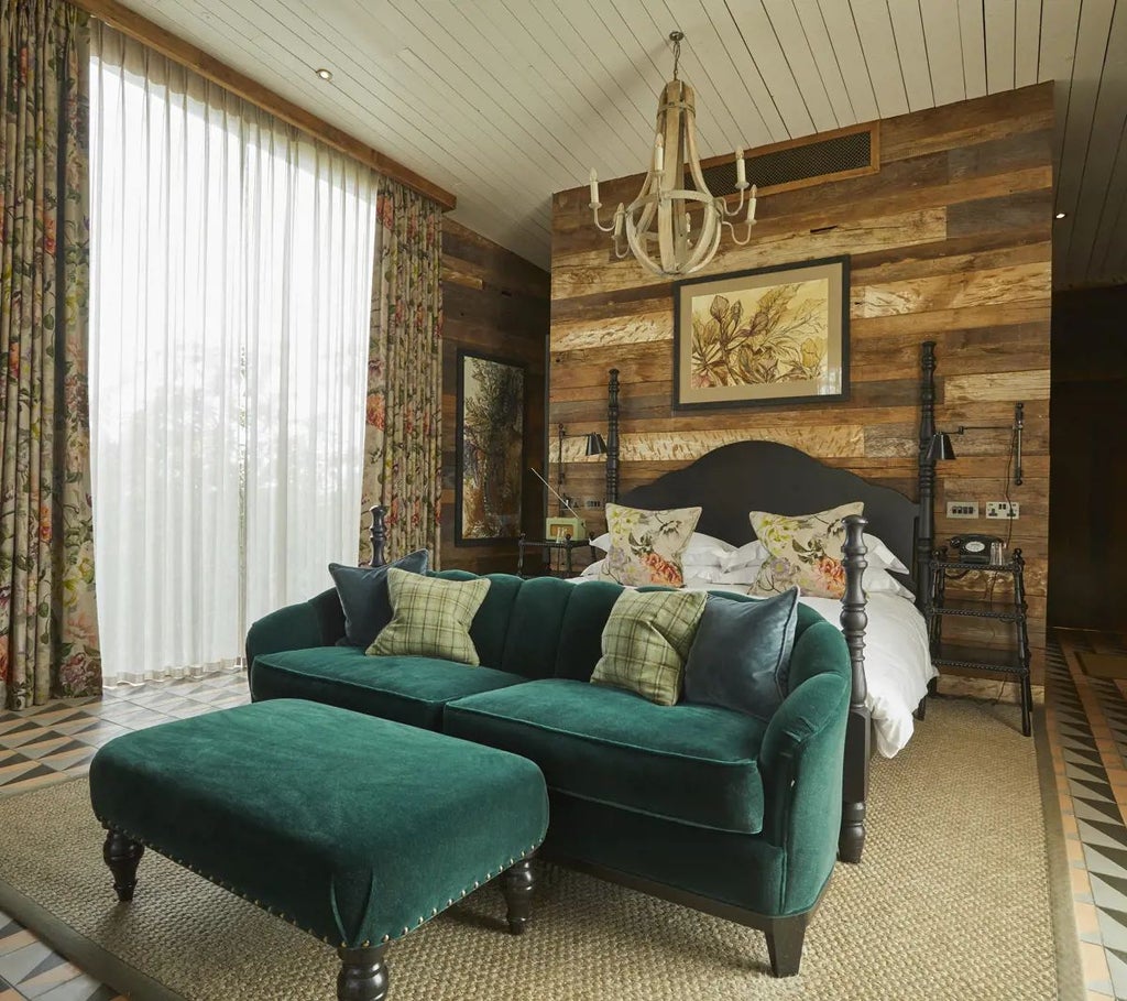 Luxurious forest cabin interior with soft neutral tones, wooden accents, plush bedding, and large window revealing lush green woodland scenery at Lime Wood Hotel.