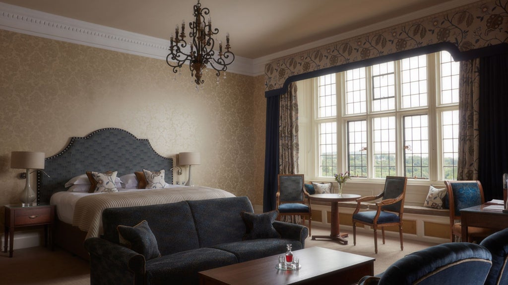 Opulent state room at Bovey Castle Hotel, featuring ornate period furnishings, rich wooden paneling, and elegant chandelier in a grand English countryside setting