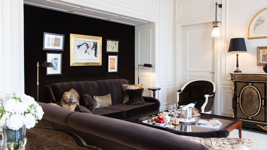 Luxurious Parisian presidential suite with panoramic Eiffel Tower view, elegant cream and gold decor, plush king bed, and sophisticated marble bathroom