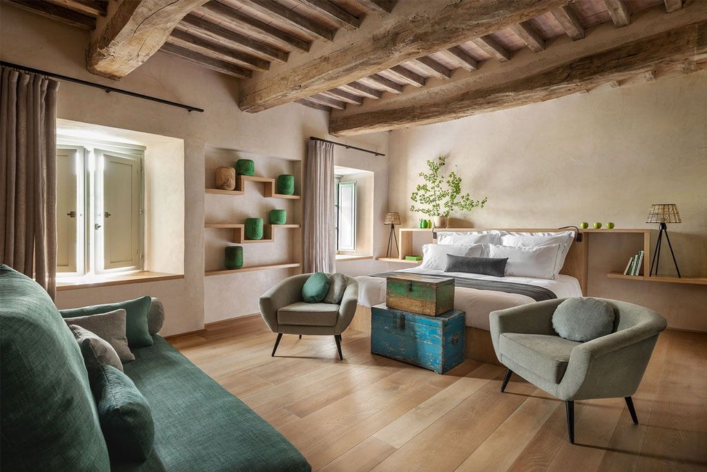 Elegant junior suite at Badia di Pomaio, featuring plush white bedding, rustic stone walls, and warm wooden furniture in Tuscany, Italy