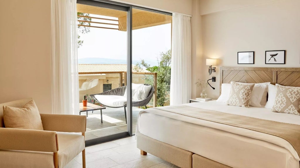 Luxurious premium suite with private hot tub overlooking azure Aegean waters at ELIVI Skiathos, featuring elegant design and panoramic Greek island scenery