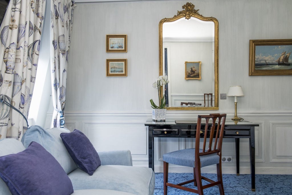 Opulent French hotel room with crystal chandelier, antique furnishings, floor-to-ceiling windows, and plush king bed draped in silk linens