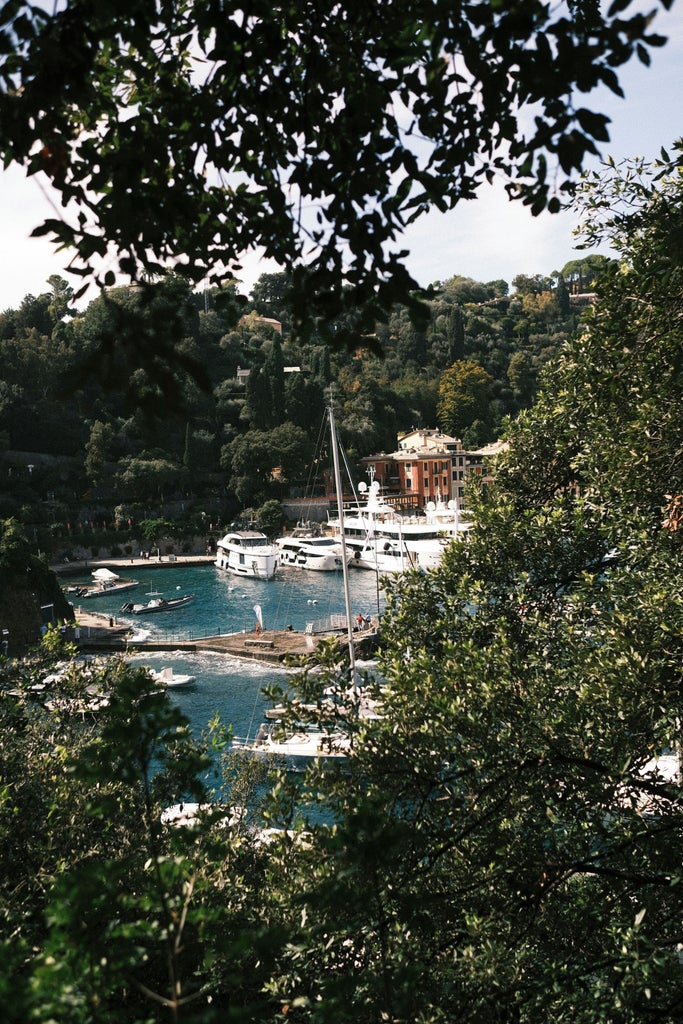 Luxurious wooden boats gently bob in Portofino's crystal-clear harbor, framed by pastel-colored buildings and elegant yachts