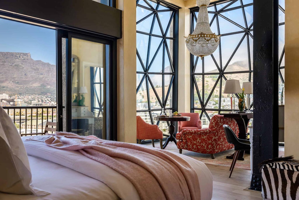 Industrial-style luxury hotel with geometric windows, set against Cape Town skyline and Table Mountain at golden hour sunset