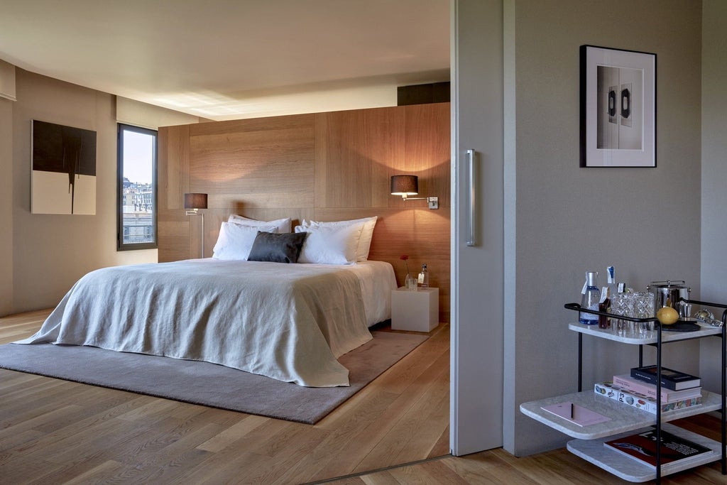 Elegant modern hotel room with sleek contemporary design, minimalist furnishings, warm neutral tones, and floor-to-ceiling windows overlooking urban scenset landscape