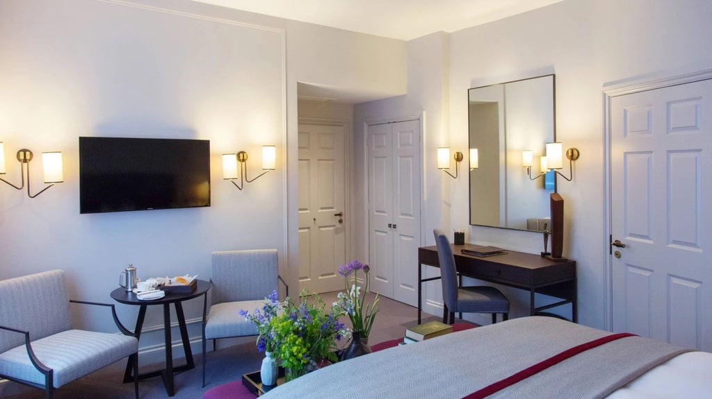 Elegant accessible hotel room with plush bedding, soft neutral tones, wooden furnishings, and spacious layout at historic United Kingdom accommodation