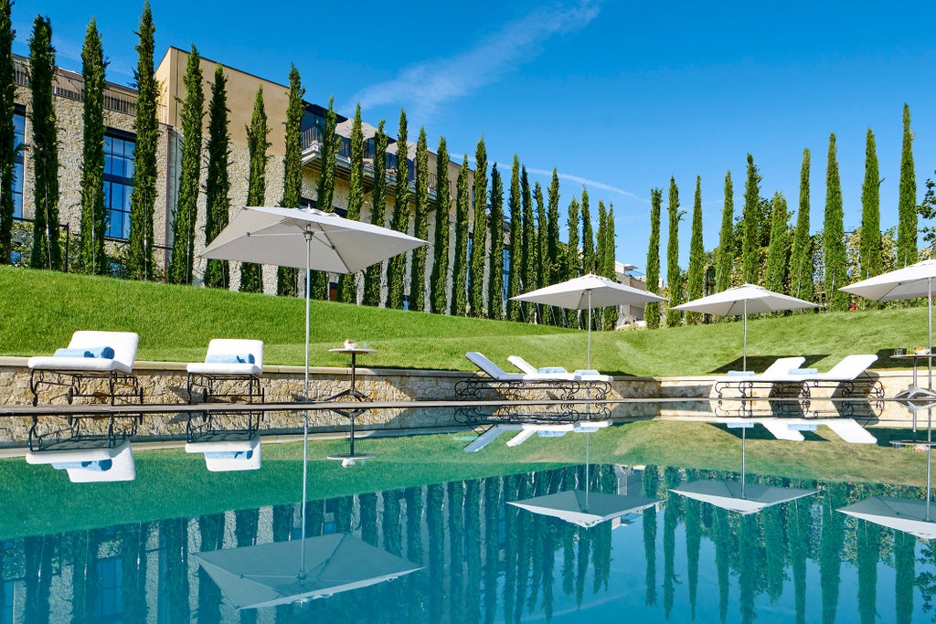 Modern luxury hotel nestled in Provence countryside, featuring minimalist white architecture with floor-to-ceiling windows and infinity pool