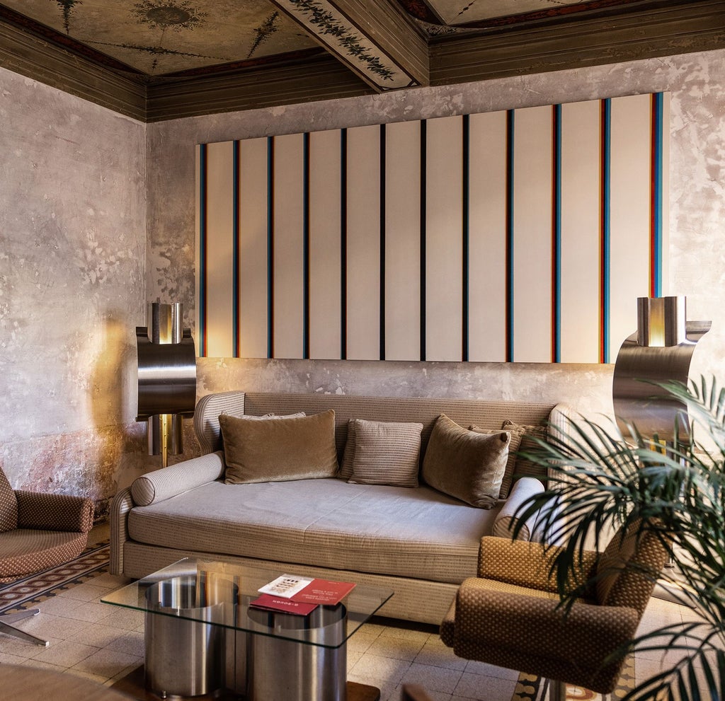 Elegant boutique hotel lobby in Rome with vintage Italian design, artfully curated mid-century furniture, luxurious marble surfaces, and warm ambient lighting