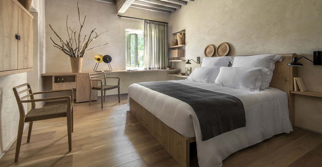 Elegant junior suite at Badia di Pomaio, featuring rustic Tuscan design with plush bedding, wooden floors, and soft natural light