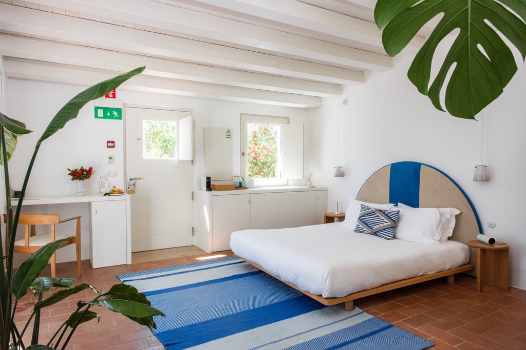 Rustic-luxe hotel room with natural rattan furnishings, white plaster walls, terracotta floor tiles, and flowing linen curtains