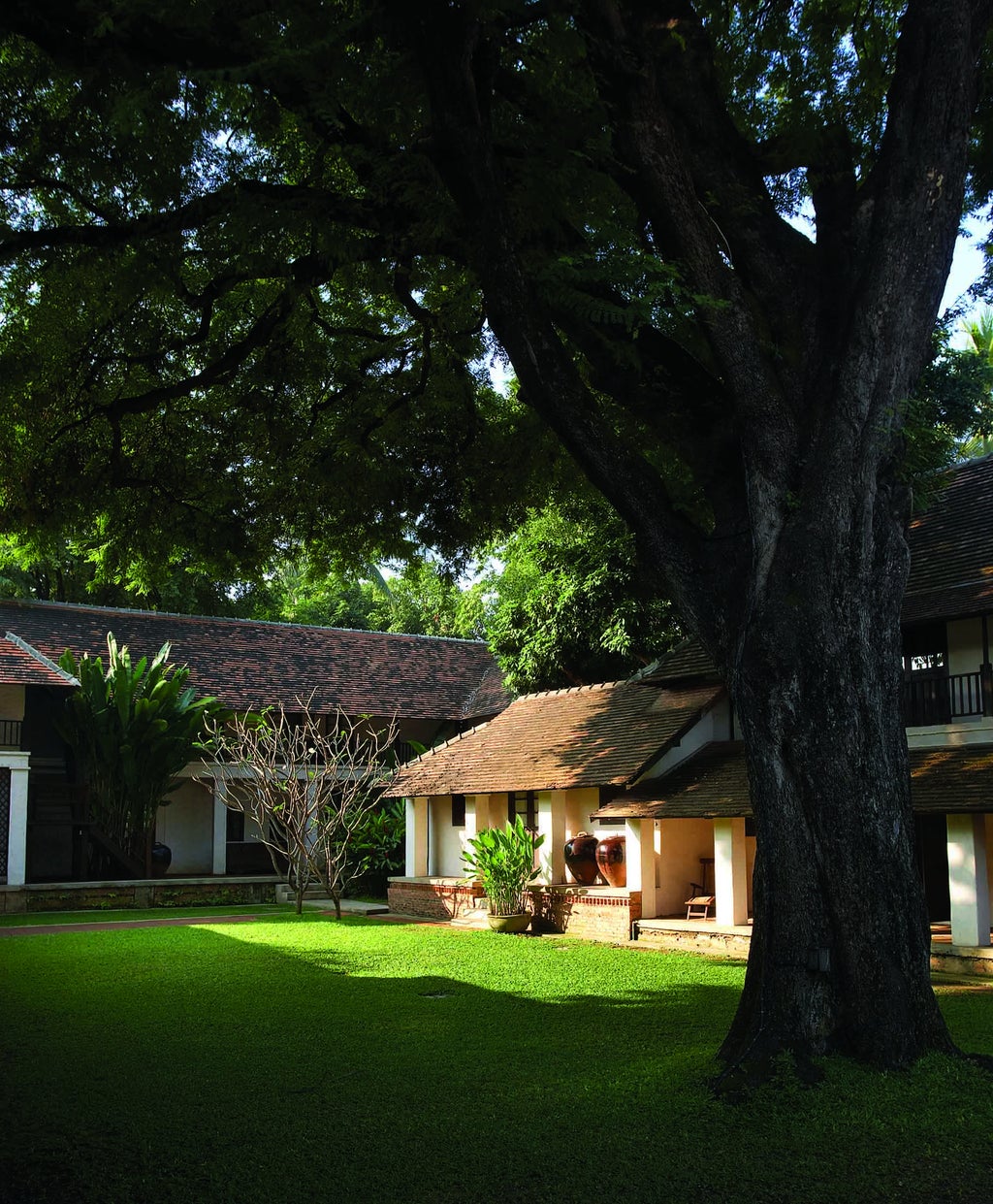 Traditional Thai-style luxury resort entrance with stone path leading through lush tropical gardens and lantern-lit archway at dusk