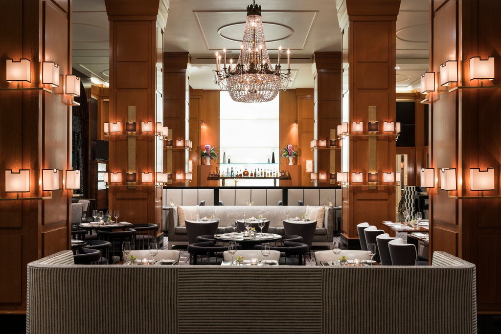 Luxurious Four Seasons Beverly Wilshire hotel facade features Italian Renaissance architecture, grand entrance with red awnings and manicured gardens