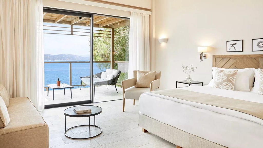 Luxurious junior suite at ELIVI Skiathos with private hot tub, overlooking serene Greek landscape, featuring modern design and elegant white interiors.