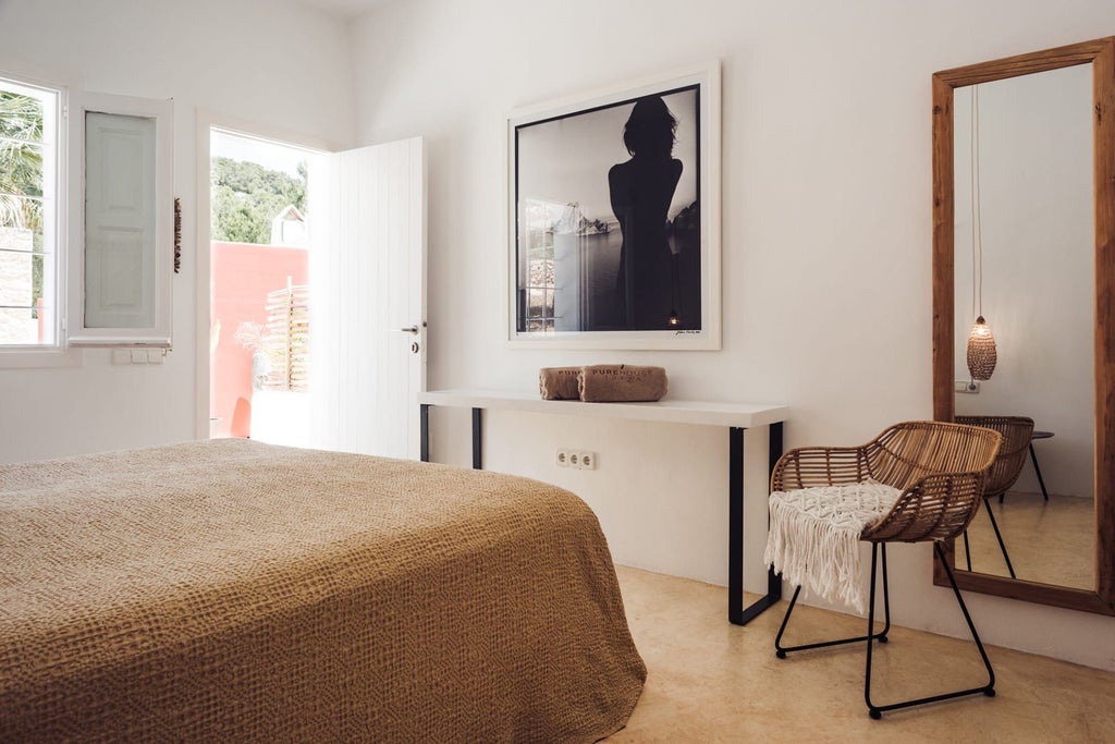 Luxurious minimalist white bedroom with modern design, sunlit space overlooking scenic Ibiza landscape, crisp linens, and sleek contemporary furnishings