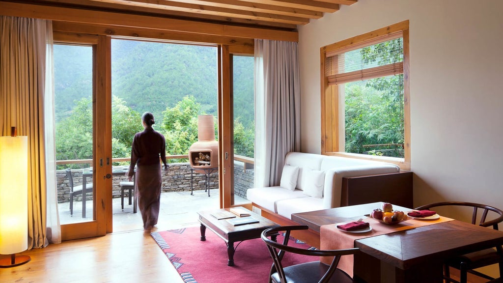 Spacious luxury wooden villa bedroom with panoramic mountain views, minimalist design, traditional Bhutanese architecture, and elegant natural lighting