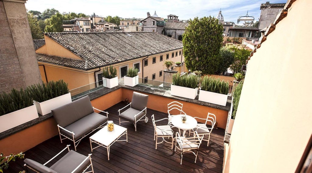 Elegant Italian luxury hotel façade with historic stone architecture, ornate balconies, and warm golden sunlight illuminating Renaissance-style exterior