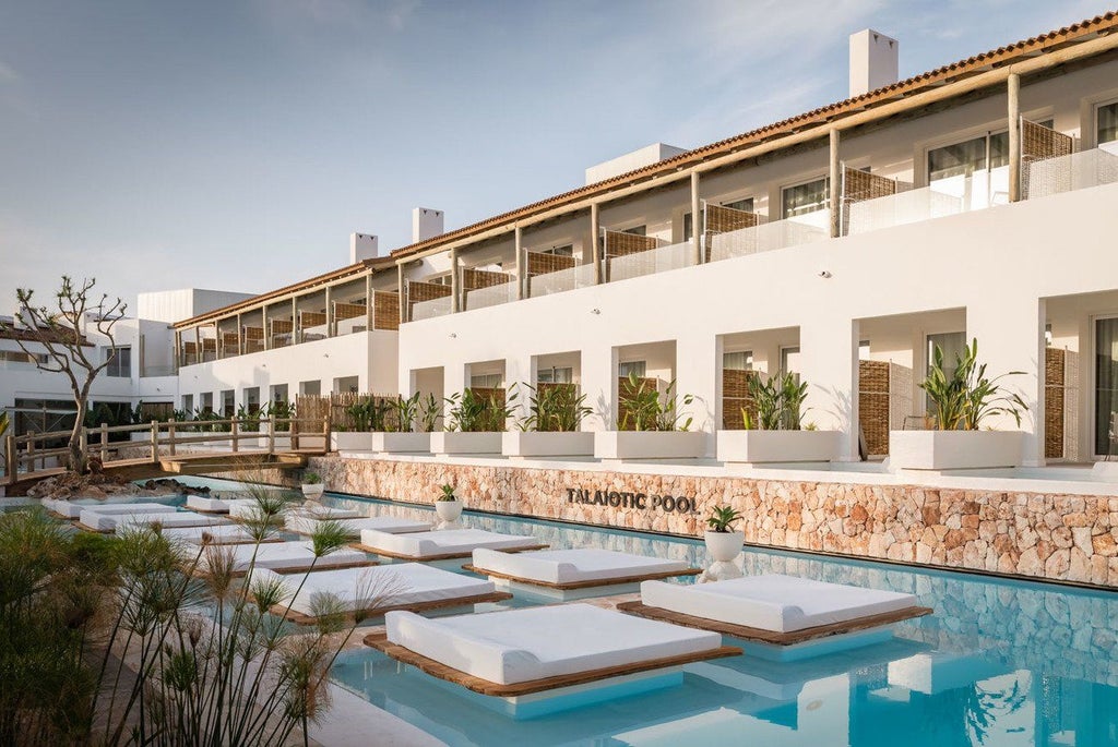 Luxurious Mediterranean resort with white-washed buildings, blue-tiled pools, and lush palms overlooking azure waters of Menorca's scenic coastline