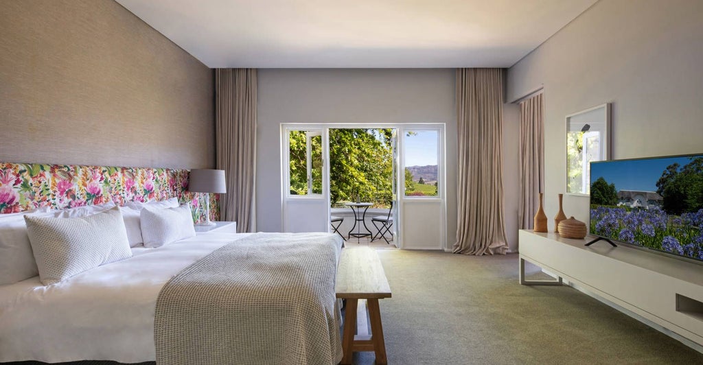 Luxurious spacious suite with panoramic mountain views, elegant king bed, warm wood furnishings, and rich burgundy accents in South African wine country