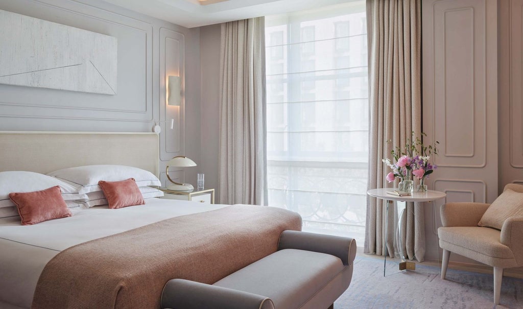 Elegant deluxe hotel room at One Aldwych with plush king bed, luxurious white linens, contemporary design, city view, and sophisticated neutral color palette