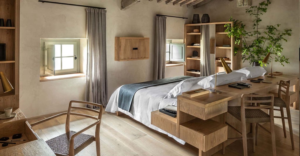 Elegant junior suite at Badia di Pomaio, Tuscany, with rustic wooden floors, white linens, and classic Italian countryside views through arched windows