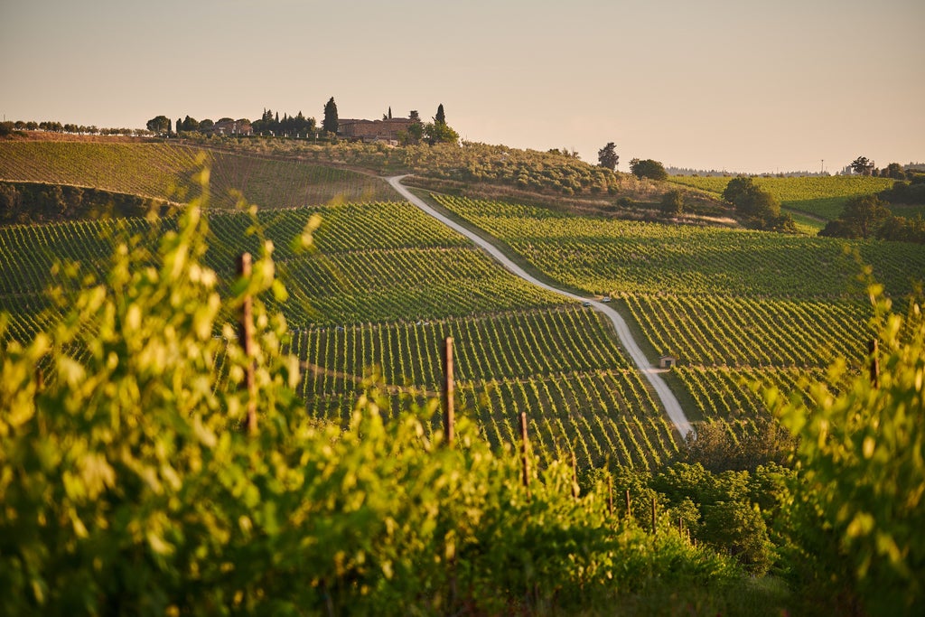 Elegant vineyards nestled in rolling hills of Champagne, golden sunlight illuminating rows of grapevines, classic French countryside landscape