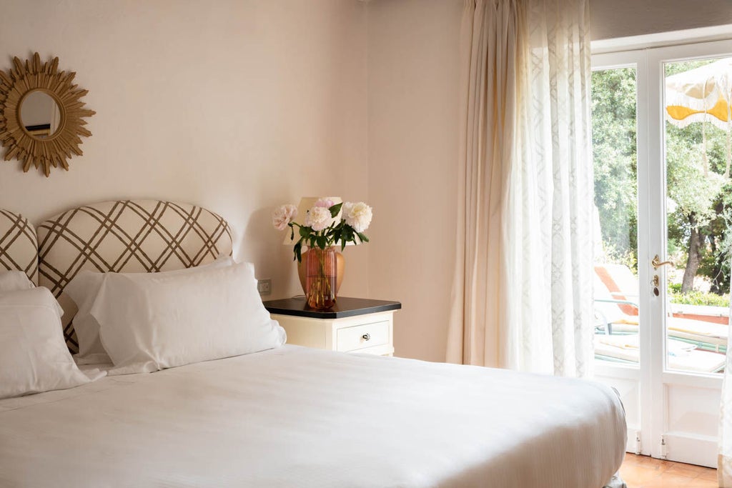 Elegant coastal hotel room with tall French windows, designer furnishings, white linens, and a private terrace overlooking Mediterranean gardens.