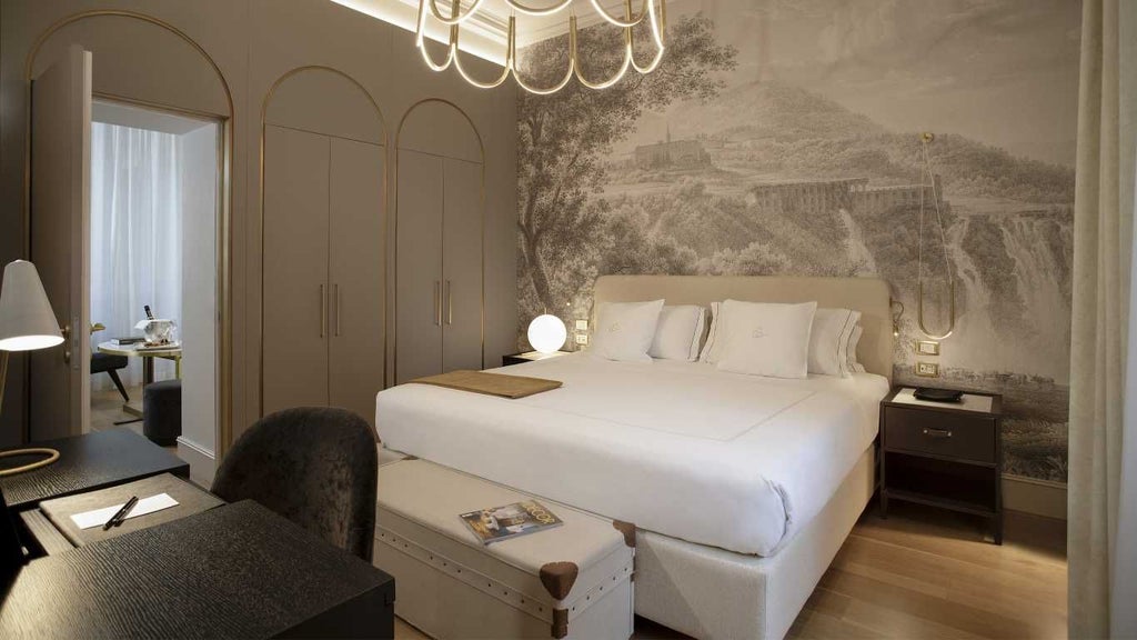 Elegant marble-clad suite with panoramic city view, plush king bed, designer furnishings, and warm Italian natural lighting at a boutique Rome hotel.