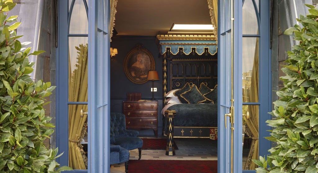 Historic boutique hotel room with ornate four-poster bed, rich burgundy walls, antique furniture, and elegant Georgian-inspired decor in warm, luxurious tones