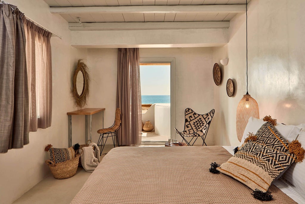 Luxurious Greek island suite with sea view, featuring modern jet tub, elegant decor, and private balcony overlooking azure Aegean waters at sunset