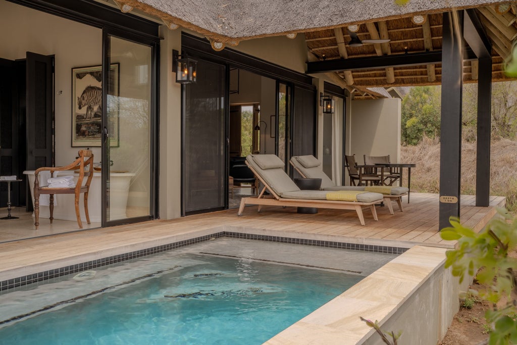 Thatched-roof luxury safari lodge with expansive wooden deck overlooking African bush, stone and wood facade blends with nature